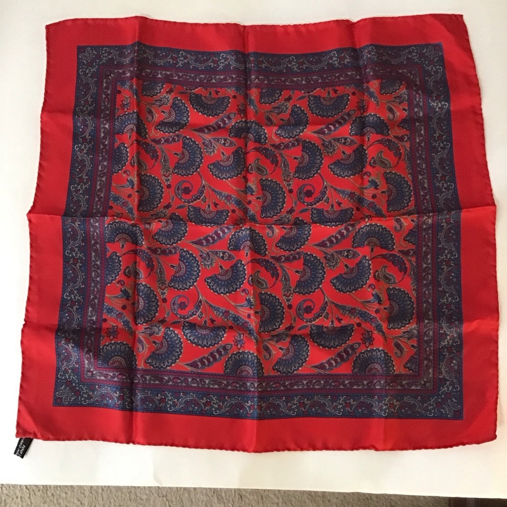 Red and Blue Paisley Silk pocket square. Handmade in Italy. 19x18